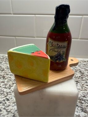 Colorful Hand Painted 3-Piece Salt & Pepper Set w/serving tray - wine & cheese